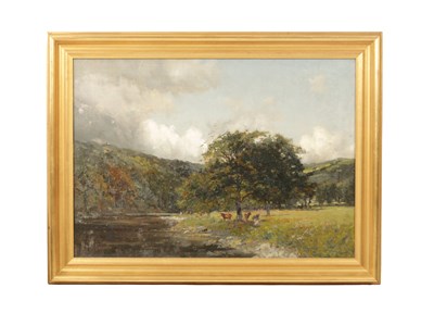 Lot 801 - THOMAS EDWIN MOSTYN (1864-1930). A LATE 19TH/EARLY 20TH CENTURY OIL ON CANVAS "ON THE LLUGWY" NORTH WALES