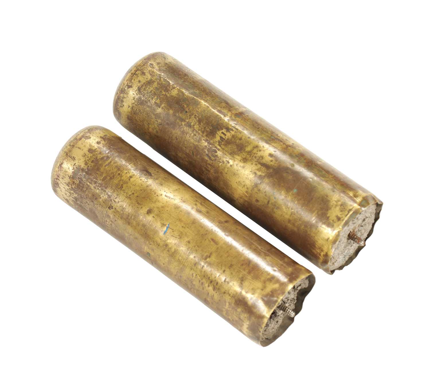 Lot 931 - A PAIR OF 18TH-CENTURY BRASS CASED MONTH GOING LONGCASE WEIGHTS