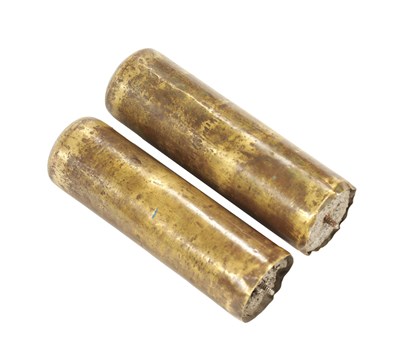 Lot 931 - A PAIR OF 18TH-CENTURY BRASS CASED MONTH GOING LONGCASE WEIGHTS