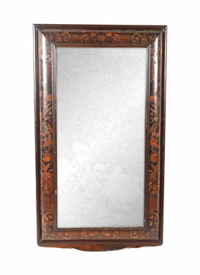 Lot 1335 - AN 18TH CENTURY DUTCH MARQUETRY CUSHION FRAMED HANGING MIRROR