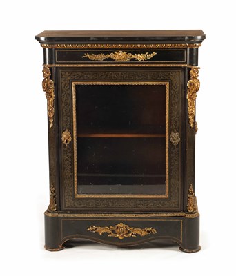 Lot 1372 - A 19TH CENTURY ORMOLU MOUNTED EBONISED BOULLEWORK SIDE CABINET