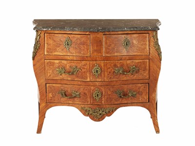 Lot 1223 - AN 18TH CENTURY FRENCH KINGWOOD AND MARQUETRY BOMBE SHAPED INLAID COMMODE
