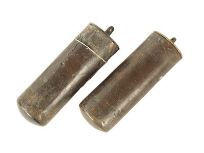 Lot 945 - A PAIR OF 18TH CENTURY BRASS CASED EIGHT-DAY LONGCASE CLOCK WEIGHTS