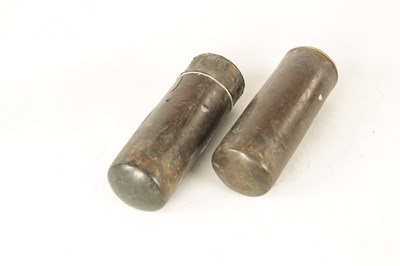 Lot 945 - A PAIR OF 18TH CENTURY BRASS CASED EIGHT-DAY LONGCASE CLOCK WEIGHTS