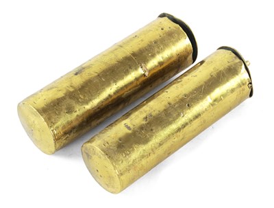 Lot 1059 - A PAIR OF 18TH CENTURY BRASS CASED EIGHT-DAY LONGCASE CLOCK WEIGHTS