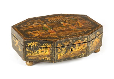 Lot 1134 - A REGENCY CHINOISERIE DECORATED LACQUERED SEWING BOX