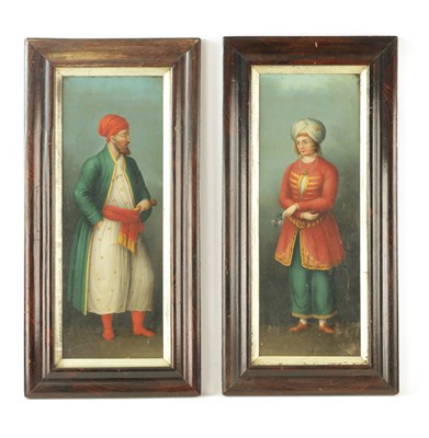 Lot 794 - A PAIR OF 19TH CENTURY OIL ON TIN FULL LENGTH PORTRAITS OF AN EASTERN MAN AND LADY