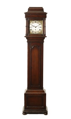 Lot 937 - RICHARD RESTELL, CROYDON. A 19TH CENTURY OAK MINIATURE THREE TRAIN LONGCASE CLOCK