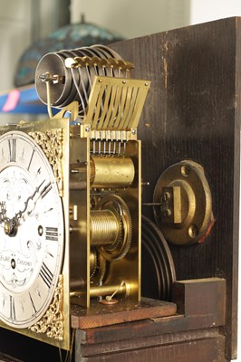 Lot 937 - RICHARD RESTELL, CROYDON. A 19TH CENTURY OAK MINIATURE THREE TRAIN LONGCASE CLOCK