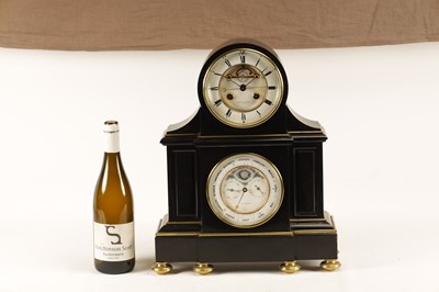 Lot 968 - A 19TH CENTURY FRENCH BLACK SLATE PANELLED MANTEL CLOCK WITH PERPETUAL CALENDAR WORK