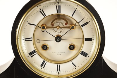 Lot 968 - A 19TH CENTURY FRENCH BLACK SLATE PANELLED MANTEL CLOCK WITH PERPETUAL CALENDAR WORK