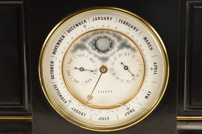 Lot 968 - A 19TH CENTURY FRENCH BLACK SLATE PANELLED MANTEL CLOCK WITH PERPETUAL CALENDAR WORK