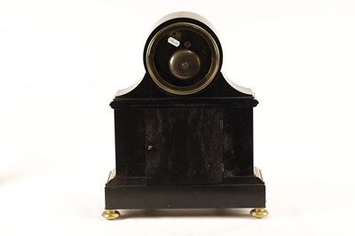 Lot 968 - A 19TH CENTURY FRENCH BLACK SLATE PANELLED MANTEL CLOCK WITH PERPETUAL CALENDAR WORK