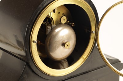 Lot 968 - A 19TH CENTURY FRENCH BLACK SLATE PANELLED MANTEL CLOCK WITH PERPETUAL CALENDAR WORK