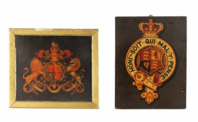 Lot 898 - TWO ARMORIAL POLYCHROME WOOD CARRIAGE PANELS