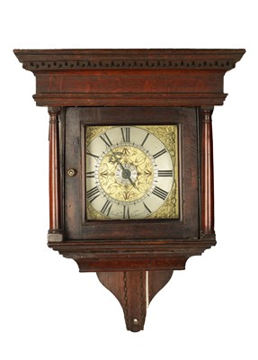 Lot 905 - GEORGE WOOD, NAILESWORTH. AN 18TH CENTURY OAK HOODED 30HR WALL CLOCK