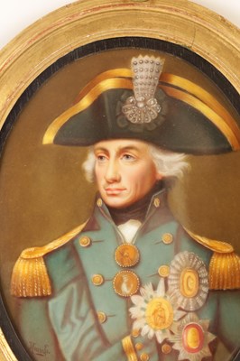 Lot 47 - A 19TH CENTURY CONTINENTAL PAINTED OVAL PORCELAIN PLAQUE OF ADMIRAL LORD NELSON