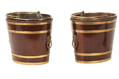 Lot 1307 - A GOOD PAIR OF GEORGE III OVAL BRASS BOUND MAHOGANY PEAT BUCKETS WITH ORIGINAL COPPER LINERS