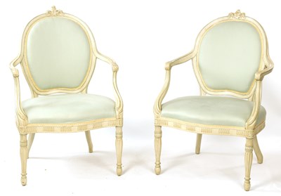 Lot 1184 - A PAIR OF FRENCH HEPPLEWHITE DESIGN PAINTED UPHOLSTERED ARMCHAIRS - ONE GEORGE III THE OTHER LATER