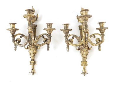Lot 681 - A PAIR OF 19TH CENTURY ORMOLU THREE BRANCH HANGING WALL LIGHTS