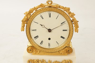 Lot 915 - JAMES MURRAY, LONDON. A REGENCY ENGLISH FUSEE ORMOLU AND WHITE MARBLE MANTLE CLOCK