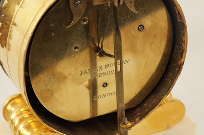 Lot 915 - JAMES MURRAY, LONDON. A REGENCY ENGLISH FUSEE ORMOLU AND WHITE MARBLE MANTLE CLOCK