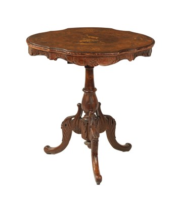 Lot 1339 - A 19TH CENTURY BLACK FOREST CARVED AND INLAID TRIPOD TABLE