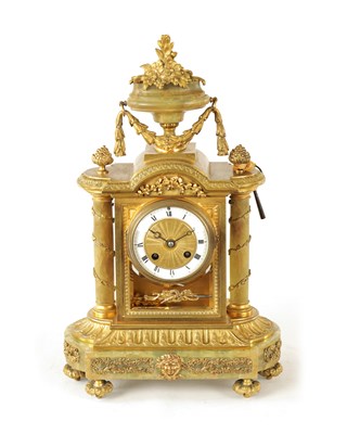 Lot 1045 - A LATE 19TH CENTURY FRENCH ORMOLU AND ONYX MANTEL CLOCK