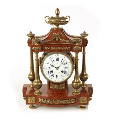 Lot 1022 - A LATE 19TH CENTURY FRENCH AMBOYNA AND ORMOLU MANTEL CLOCK