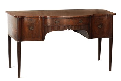 Lot 1374 - A GOOD EARLY GEORGE III SHAPED SERPENTINE FRONT FIGURED MAHOGANY SIDEBOARD OF GILLOWS DESIGN