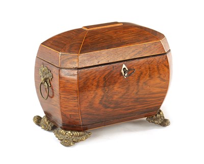 Lot 1136 - A REGENCY ROSEWOOD AND BOXWOOD INLAID BOMBE SHAPED TEA CADDY
