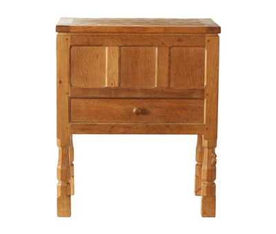 Lot 1102 - A ROBERT 'MOUSEMAN' THOMPSON JOINED ADZED LIGHT OAK SEWING BOX/SIDE CABINET
