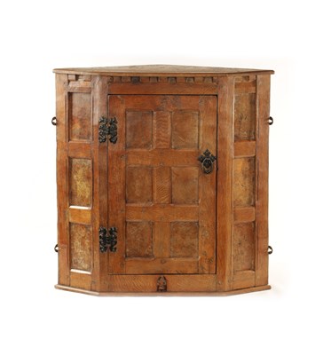 Lot 1100 - A FINE EARLY THOMAS 'GNOME MAN' WHITTAKER LIGHTLY ADZED AND BURR OAK HANGING CORNER CUPBOARD OF SMALL SIZE - IN THE MANNER OF ROBERT 'MOUSEMAN' THOMPSON