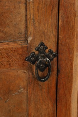Lot 1100 - A FINE EARLY THOMAS 'GNOME MAN' WHITTAKER LIGHTLY ADZED AND BURR OAK HANGING CORNER CUPBOARD OF SMALL SIZE - IN THE MANNER OF ROBERT 'MOUSEMAN' THOMPSON