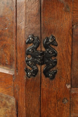 Lot 1100 - A FINE EARLY THOMAS 'GNOME MAN' WHITTAKER LIGHTLY ADZED AND BURR OAK HANGING CORNER CUPBOARD OF SMALL SIZE - IN THE MANNER OF ROBERT 'MOUSEMAN' THOMPSON
