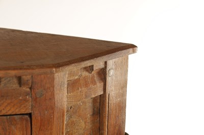 Lot 1100 - A FINE EARLY THOMAS 'GNOME MAN' WHITTAKER LIGHTLY ADZED AND BURR OAK HANGING CORNER CUPBOARD OF SMALL SIZE - IN THE MANNER OF ROBERT 'MOUSEMAN' THOMPSON