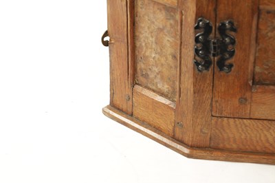 Lot 1100 - A FINE EARLY THOMAS 'GNOME MAN' WHITTAKER LIGHTLY ADZED AND BURR OAK HANGING CORNER CUPBOARD OF SMALL SIZE - IN THE MANNER OF ROBERT 'MOUSEMAN' THOMPSON