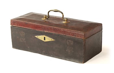 Lot 1150 - A GEORGE III RED LEATHER COVERED MILITARY DISPATCH BOX - MONOGRAMMED AND TITLED 'OFFICE FOR MILITARY ACCOUNTS'