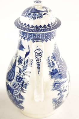 Lot 82 - TWO SIMILAR 18TH-CENTURY BLUE AND WHITE WORCESTER TYPE COFFEE POTS AND COVERS
