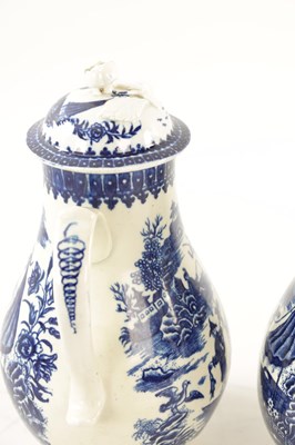 Lot 82 - TWO SIMILAR 18TH-CENTURY BLUE AND WHITE WORCESTER TYPE COFFEE POTS AND COVERS
