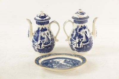 Lot 82 - TWO SIMILAR 18TH-CENTURY BLUE AND WHITE WORCESTER TYPE COFFEE POTS AND COVERS