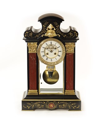 Lot 944 - AN IMPRESSIVE 19TH CENTURY CENTURY ORMOLU MOUNTED BLACK SLATE AND ROUGE MARBLE MANTEL CLOCK