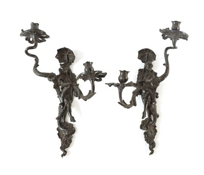 Lot 714 - A PAIR OF 19TH CENTURY BRONZE TWO BRANCH WALL BRACKET LIGHT FITTINGS IN THE CHIPPENDALE STYLE