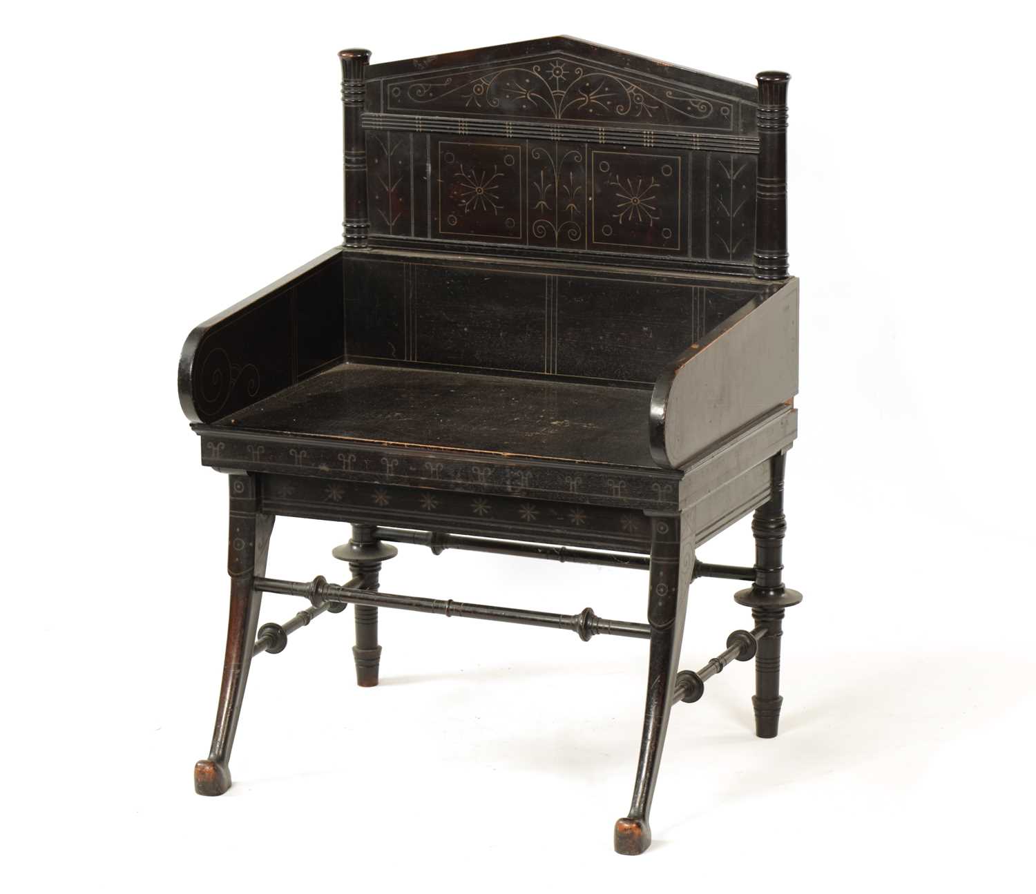 Lot 1202 - A LATE 19TH CENTURY AESTHETIC PERIOD EBONISED COUNTRY HOUSE WINDOW SEAT IN MANNER OF CHRISTOPHER DRESSER POSSIBLY BY CHUBB