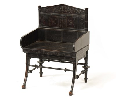 Lot 1202 - A LATE 19TH CENTURY AESTHETIC PERIOD EBONISED COUNTRY HOUSE WINDOW SEAT IN MANNER OF CHRISTOPHER DRESSER POSSIBLY BY CHUBB