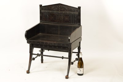 Lot 1202 - A LATE 19TH CENTURY AESTHETIC PERIOD EBONISED COUNTRY HOUSE WINDOW SEAT IN MANNER OF CHRISTOPHER DRESSER POSSIBLY BY CHUBB
