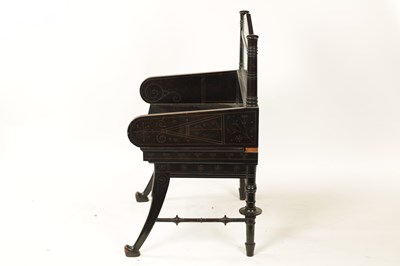 Lot 1202 - A LATE 19TH CENTURY AESTHETIC PERIOD EBONISED COUNTRY HOUSE WINDOW SEAT IN MANNER OF CHRISTOPHER DRESSER POSSIBLY BY CHUBB