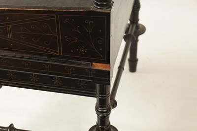 Lot 1202 - A LATE 19TH CENTURY AESTHETIC PERIOD EBONISED COUNTRY HOUSE WINDOW SEAT IN MANNER OF CHRISTOPHER DRESSER POSSIBLY BY CHUBB