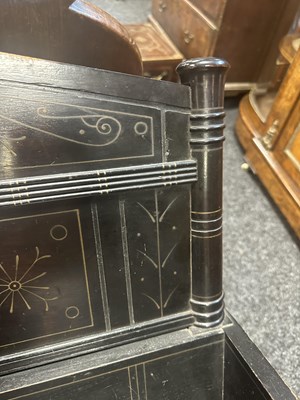 Lot 1202 - A LATE 19TH CENTURY AESTHETIC PERIOD EBONISED COUNTRY HOUSE WINDOW SEAT IN MANNER OF CHRISTOPHER DRESSER POSSIBLY BY CHUBB