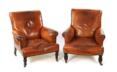 Lot 1286 - A MATCHED PAIR OF 19TH CENTURY MAHOGANY TAN LEATHER UPHOLSTERED ARMCHAIRS